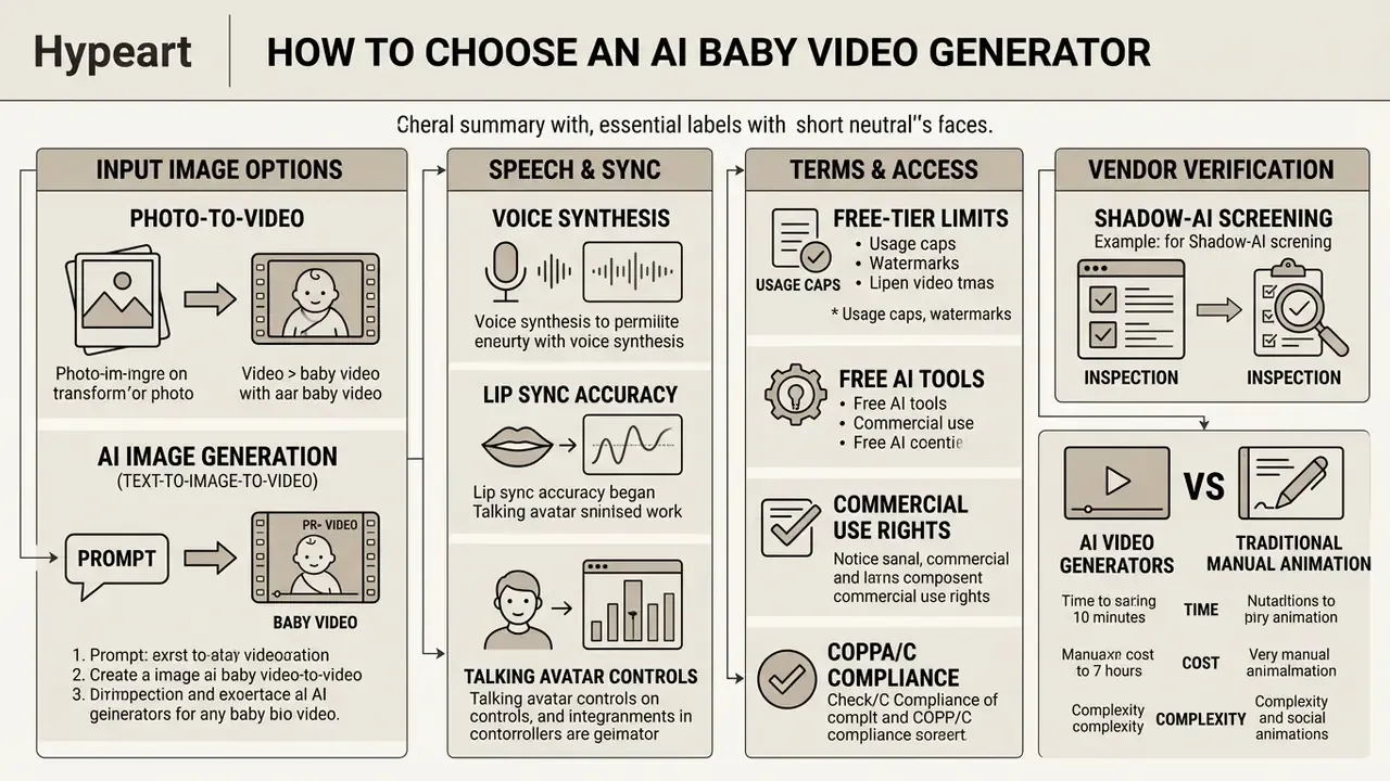 Flowchart outlining key criteria for evaluating tools used to make AI baby videos