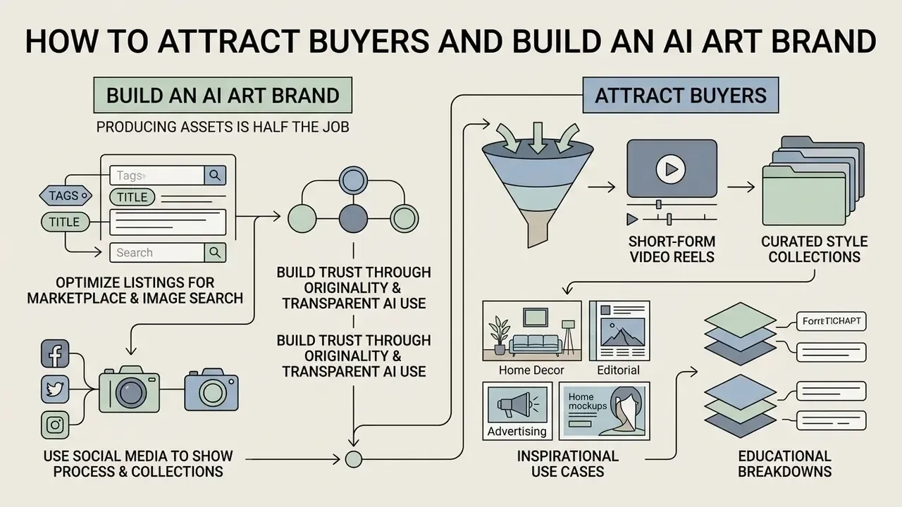 Diagram showing strategies to build an AI art brand and attract buyers through marketing and content