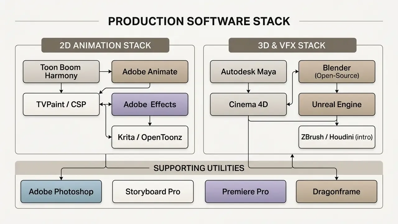 Diagram categorizing 2D and 3D animation software and supporting utilities used in online animation courses