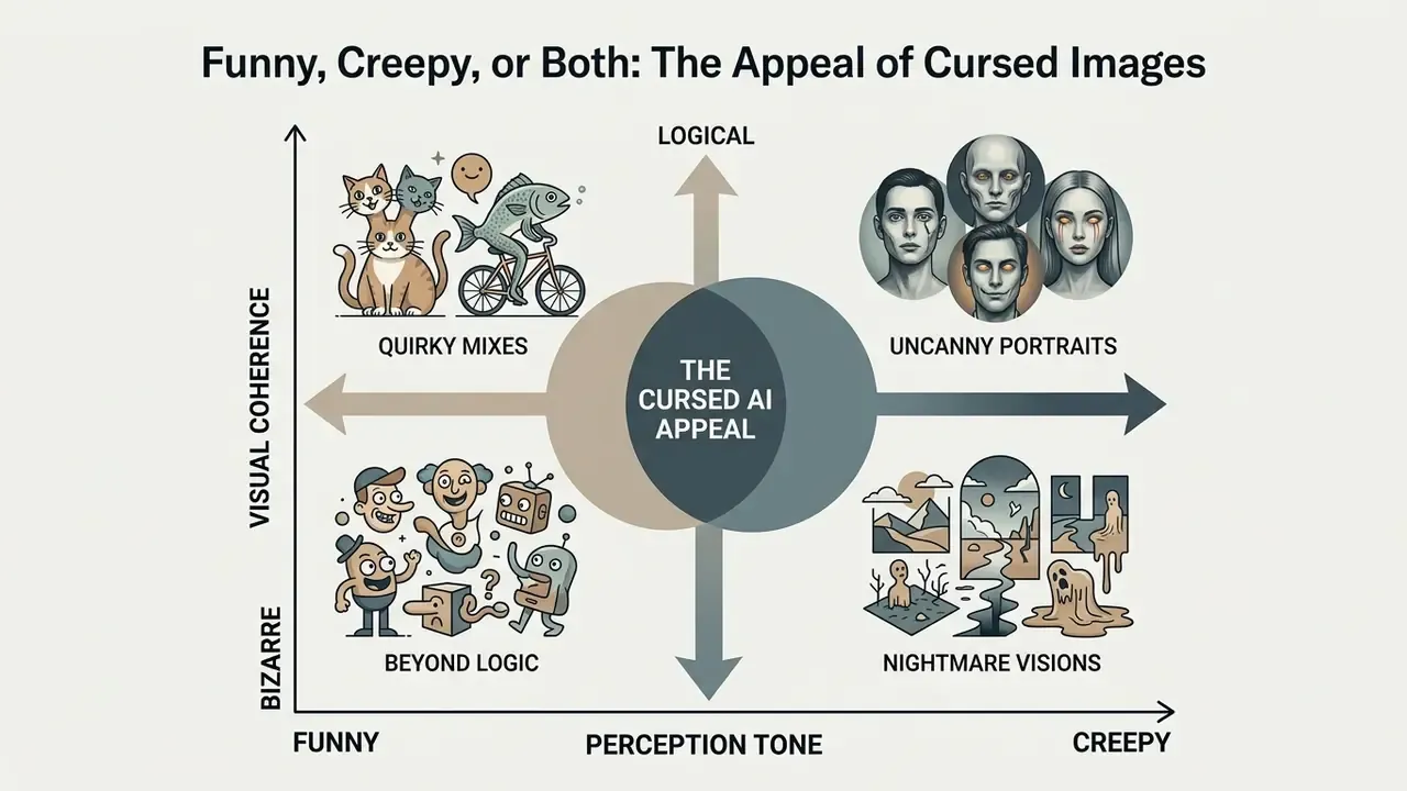 Coordinate graph mapping the appeal of cursed AI images across axes of visual coherence and perception tone