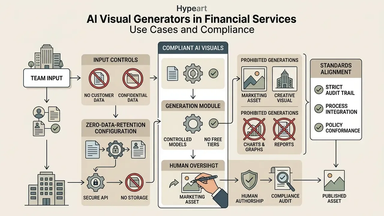 Infographic outlining compliance controls, data retention policies, and human oversight for generated assets