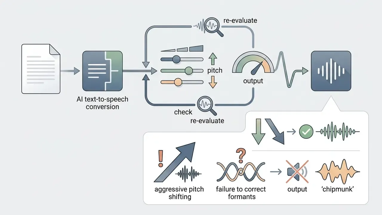 Workflow showing pitch adjustment and formant correction to avoid chipmunk artifacts in voice generation