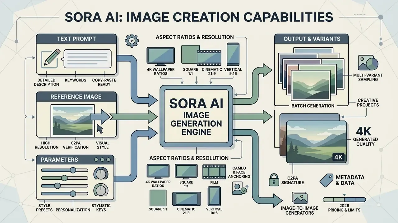 Diagram showing how Sora AI processes text prompts, reference images, and parameters to generate images