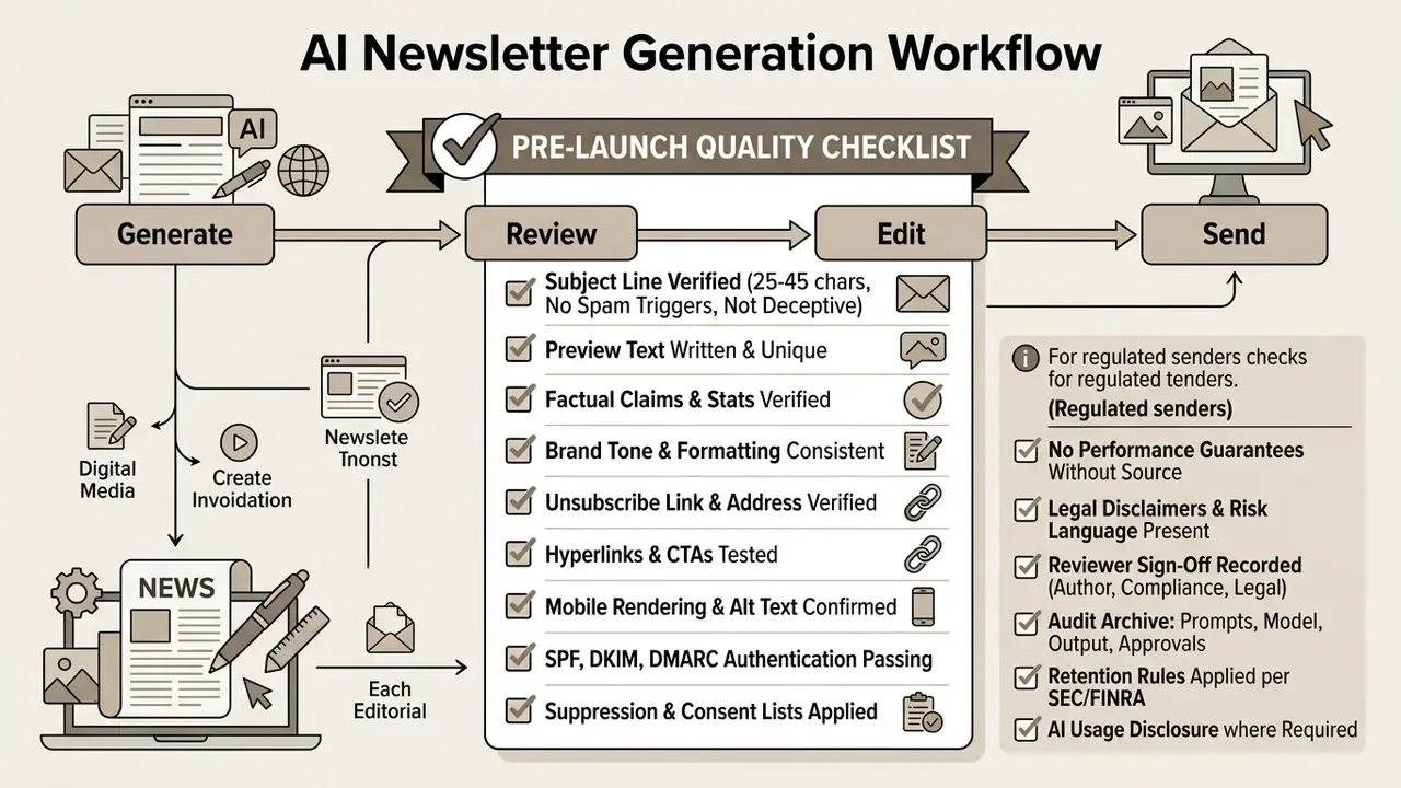 Checklist of quality assurance steps for email content including review, editing, and compliance verification