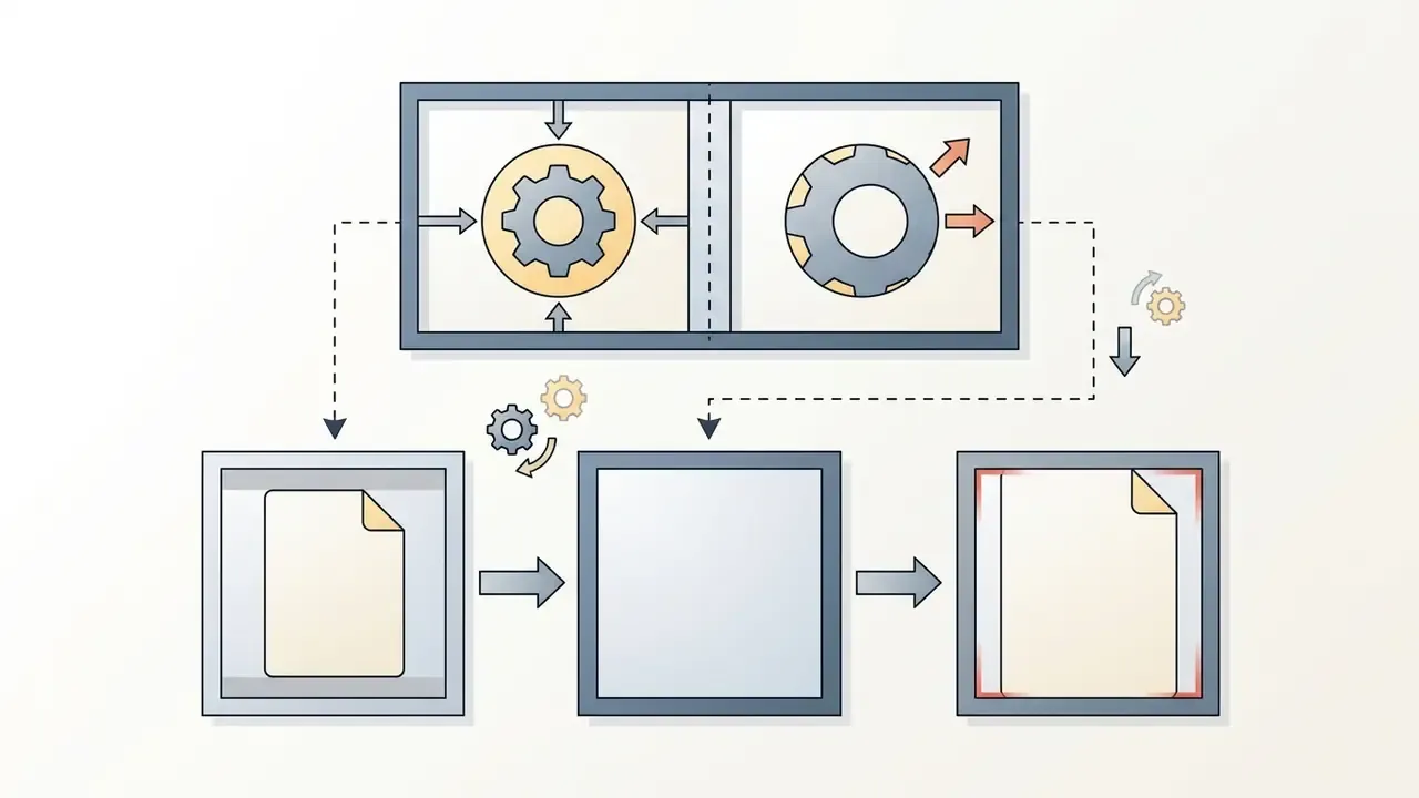 Gear icons showing the process of scaling and positioning a document within a frame