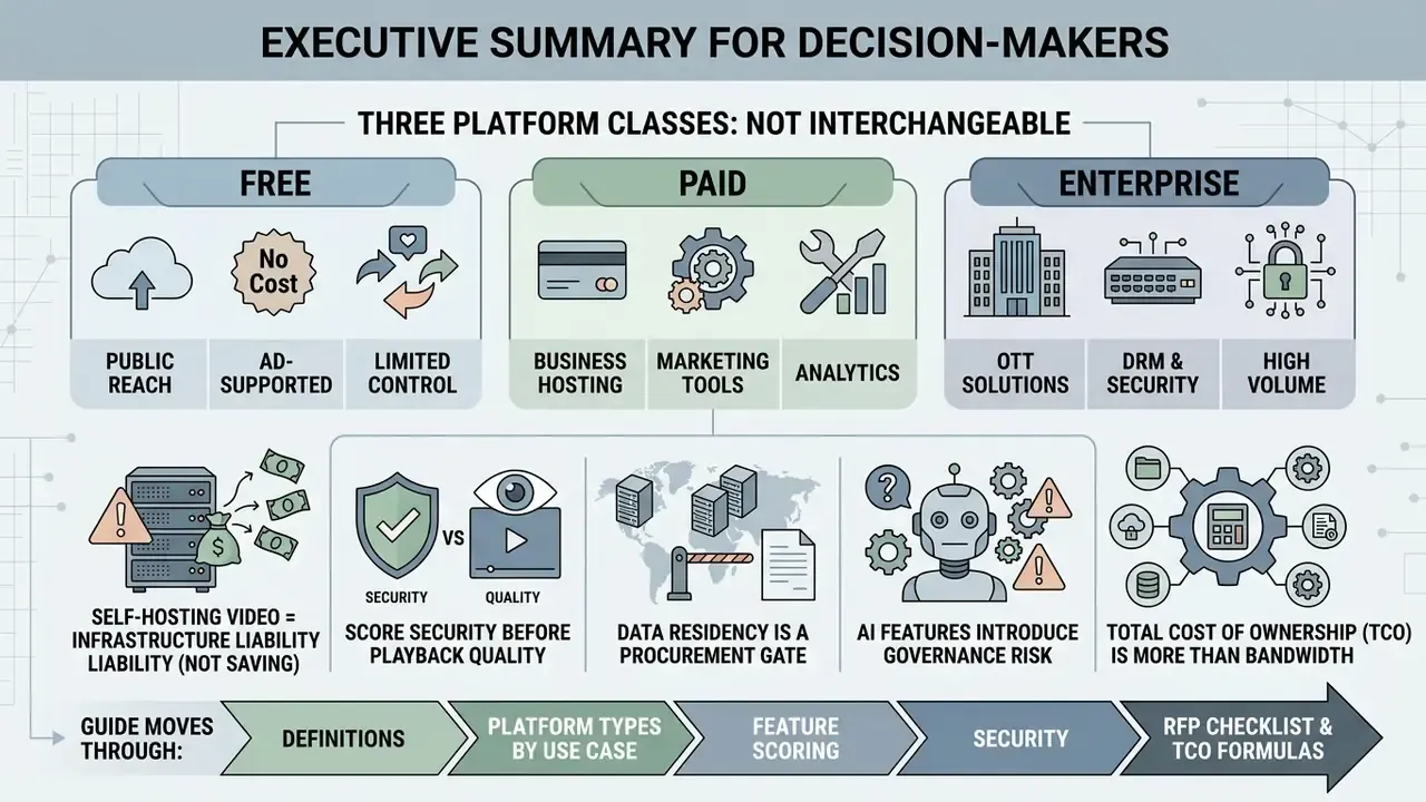 Infographic comparing free, paid, and enterprise online video platform classes and key decision factors
