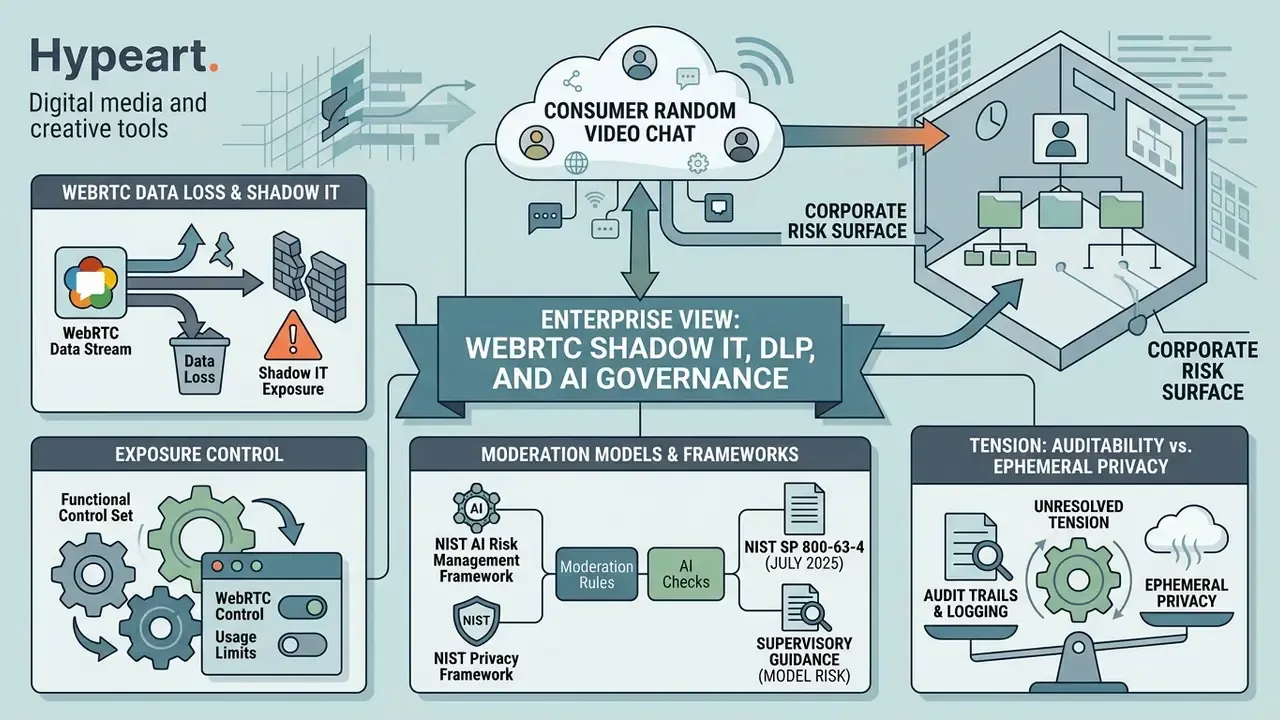 Infographic mapping corporate risk surfaces, data loss, and governance frameworks for video chat with strangers