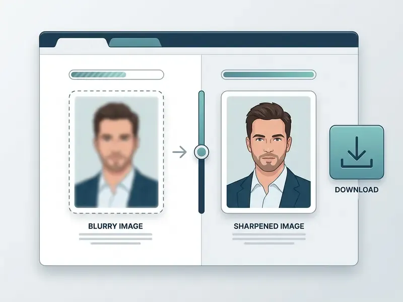 Side by side comparison of a blurry portrait and a sharpened version with a download button