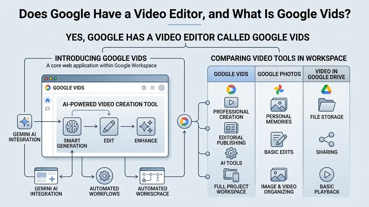 Infographic comparing Google Vids features with Google Photos and video storage in Google Drive