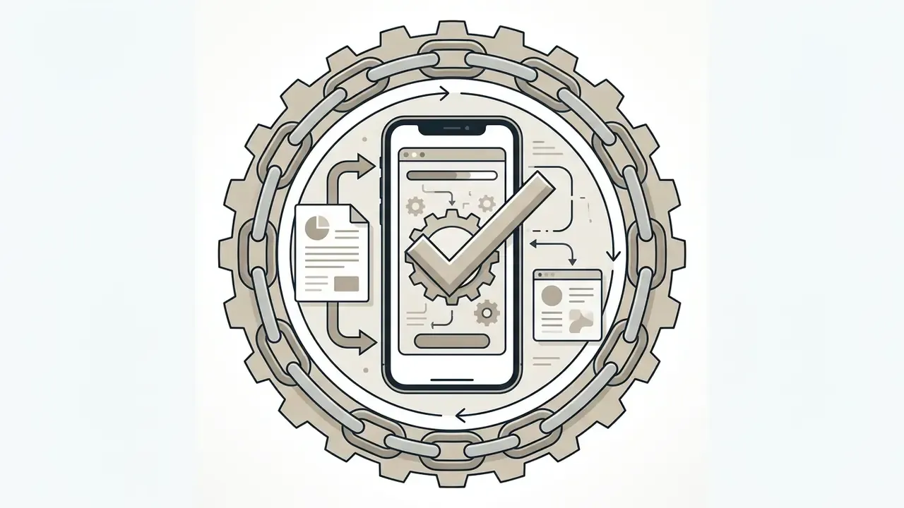 IPhone inside a gear and chain loop with documents and a checkmark representing offline AI processing