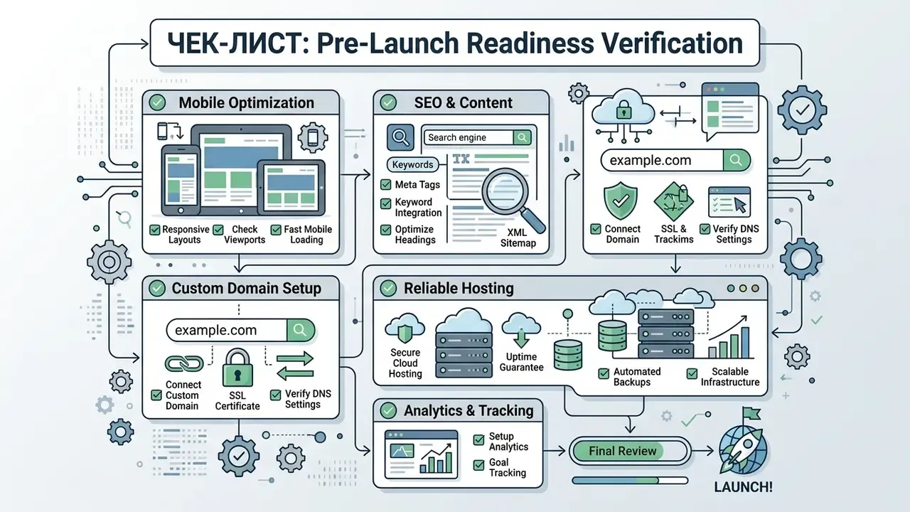 Checklist of technical steps to prepare a website for launch including mobile, SEO, and domain settings