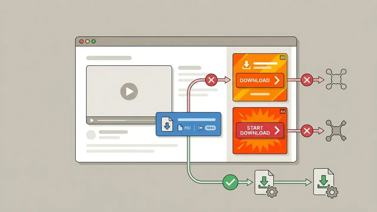 Web page showing a genuine download button versus deceptive advertising banners marked with red crosses