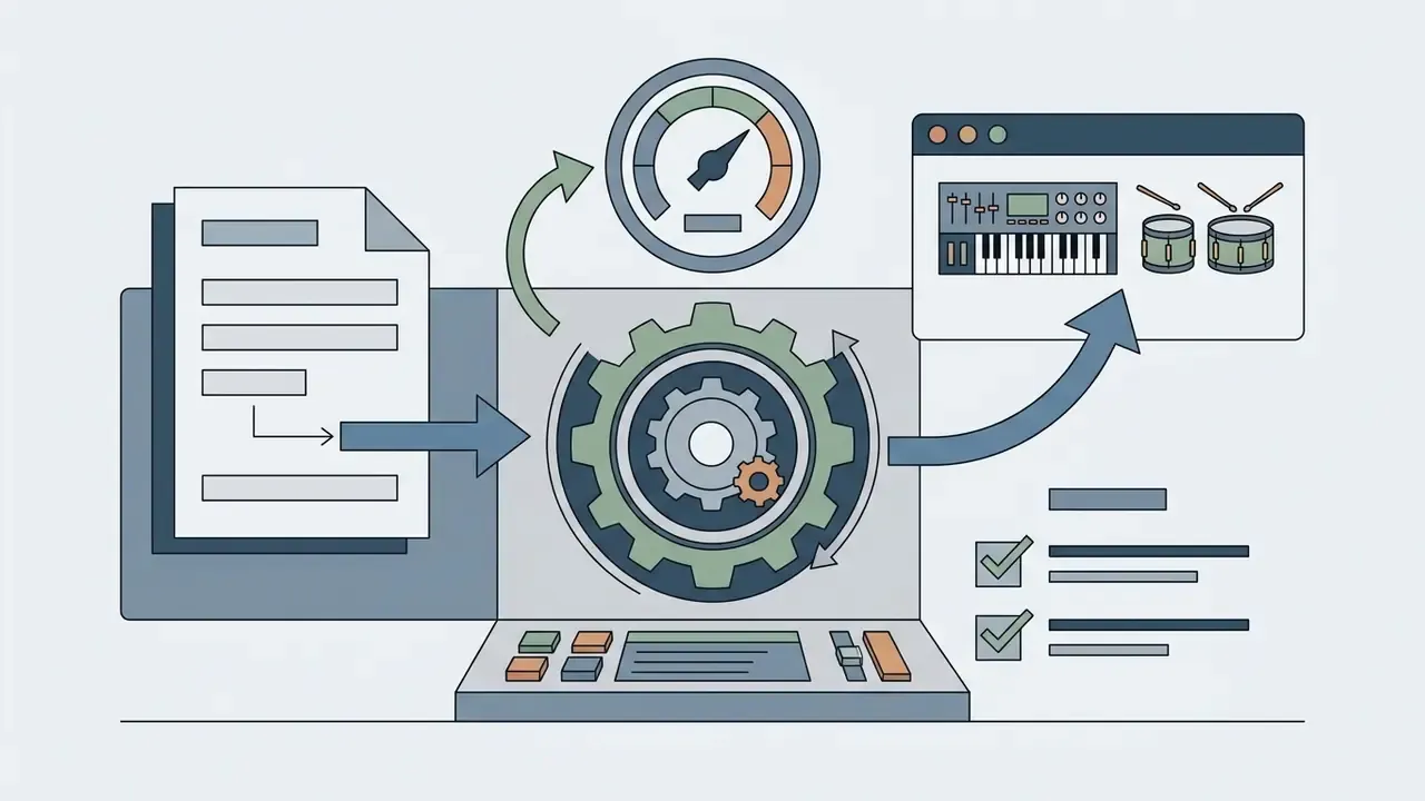 Text input feeding into a central gear system to produce synthesizer and drum sounds on a dashboard