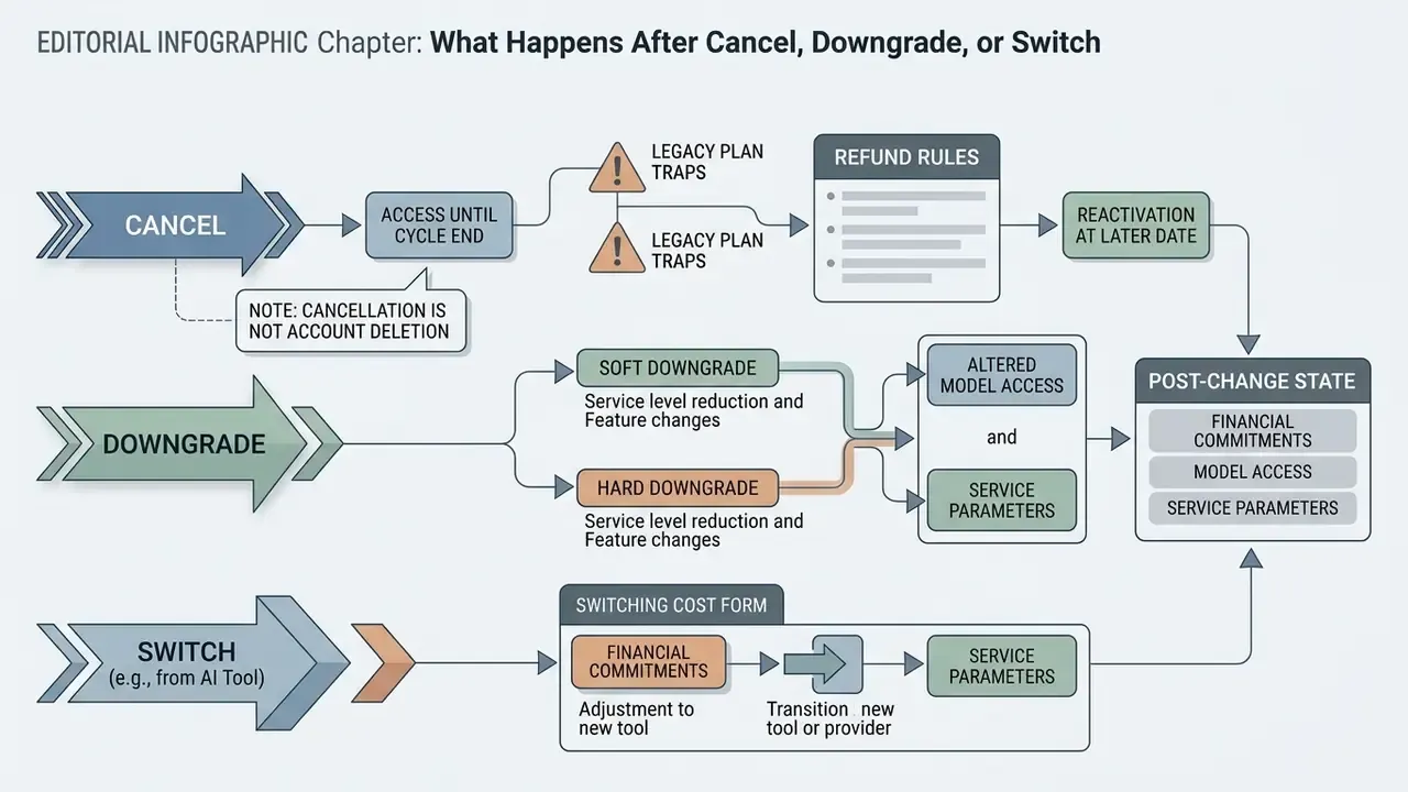 Flowchart comparing outcomes for canceling, downgrading, or switching AI tool subscriptions