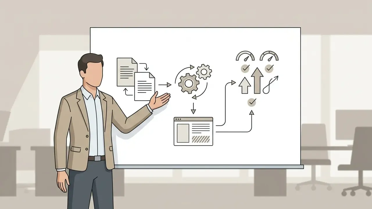 Presenter gesturing toward a whiteboard showing a process of documents feeding into gears and output gauges