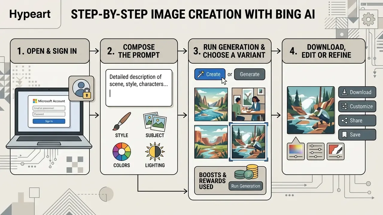 Four-step process diagram detailing how to generate images using Bing AI Image Generator