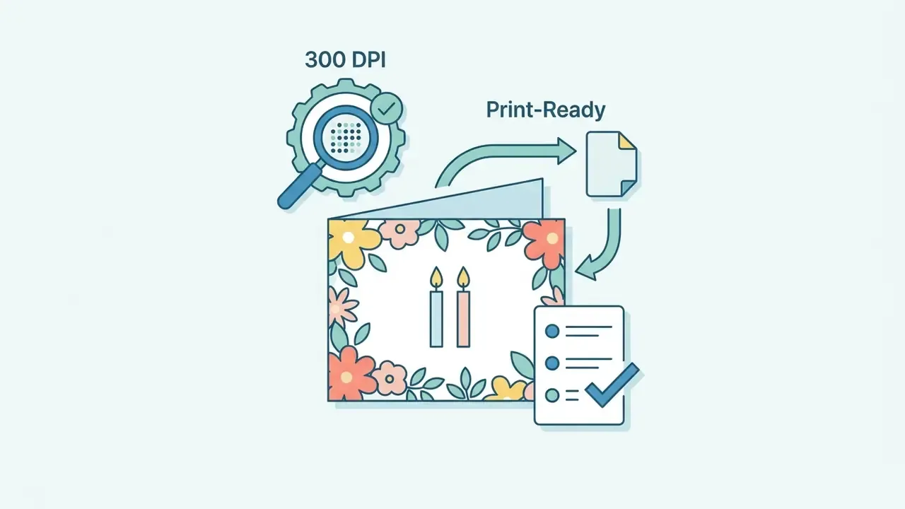 Floral birthday card for twin sisters with candles being processed for print-ready output