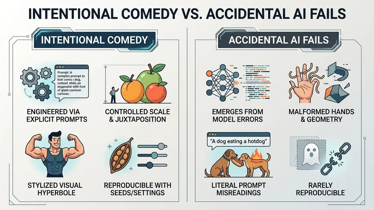 Comparison infographic detailing the differences between intentional comedy and accidental AI fails
