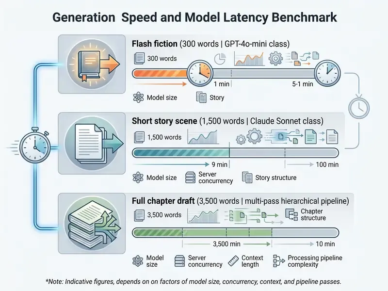 Comparison chart showing generation speed and latency for different narrative lengths and model classes