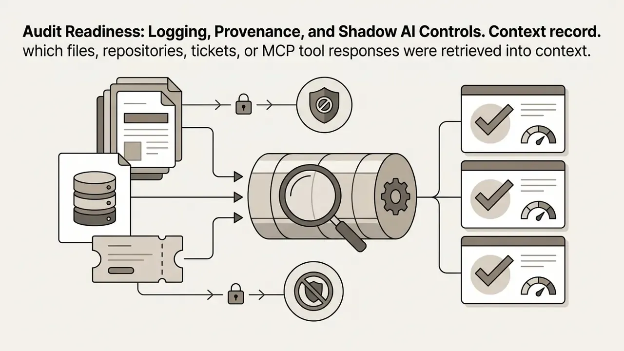 Files, databases, and tickets flowing into a central processing unit for audit and status verification
