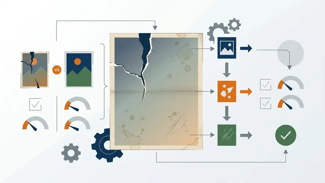 Damaged photograph being repaired through a digital workflow of gears and icons representing restoration steps