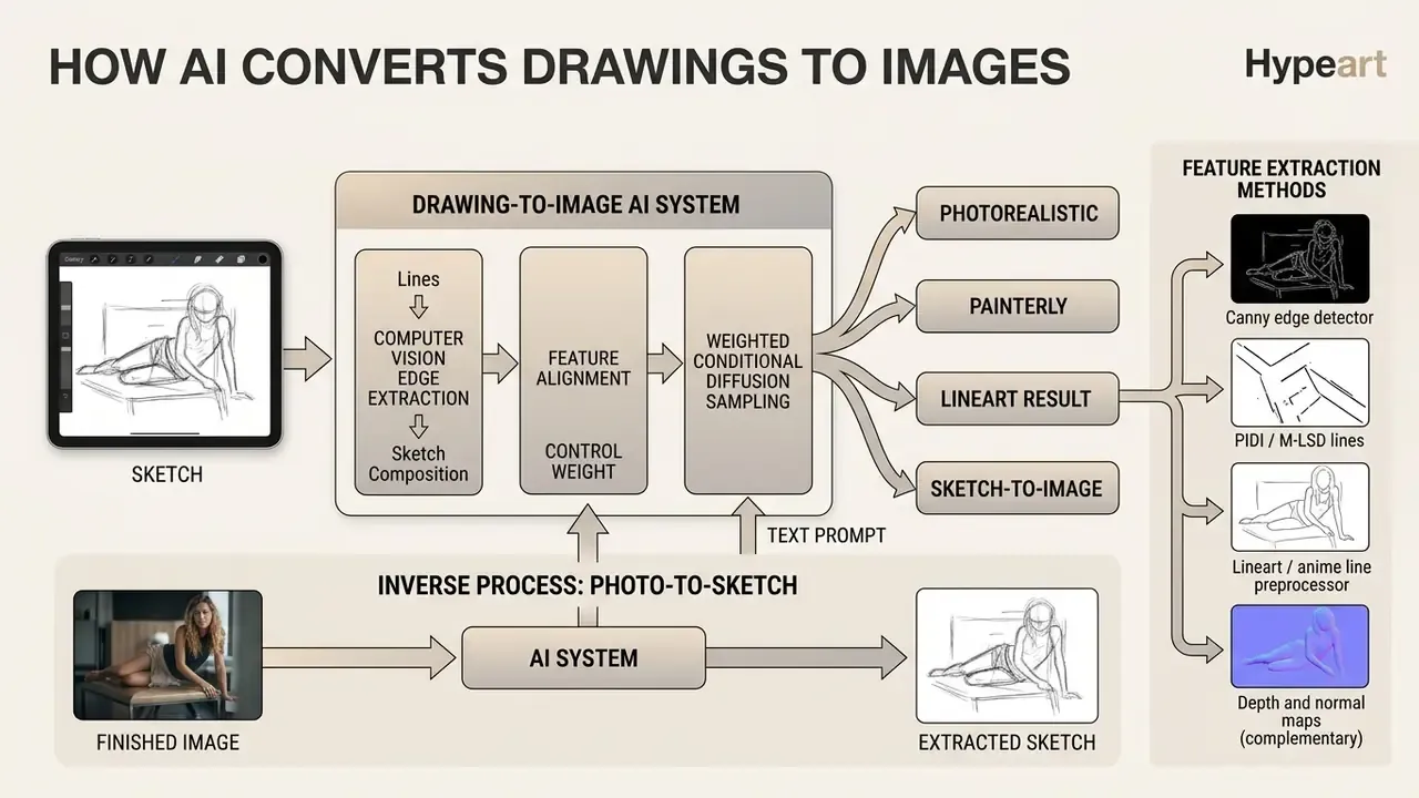 Flowchart detailing how AI processes sketches into images through feature extraction and diffusion sampling