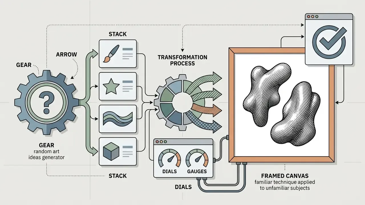 System of gears and dials processing creative inputs into a finished artwork on a framed canvas