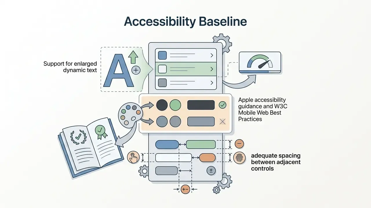 Icons representing dynamic text, color contrast, and spacing controls on a mobile interface layout