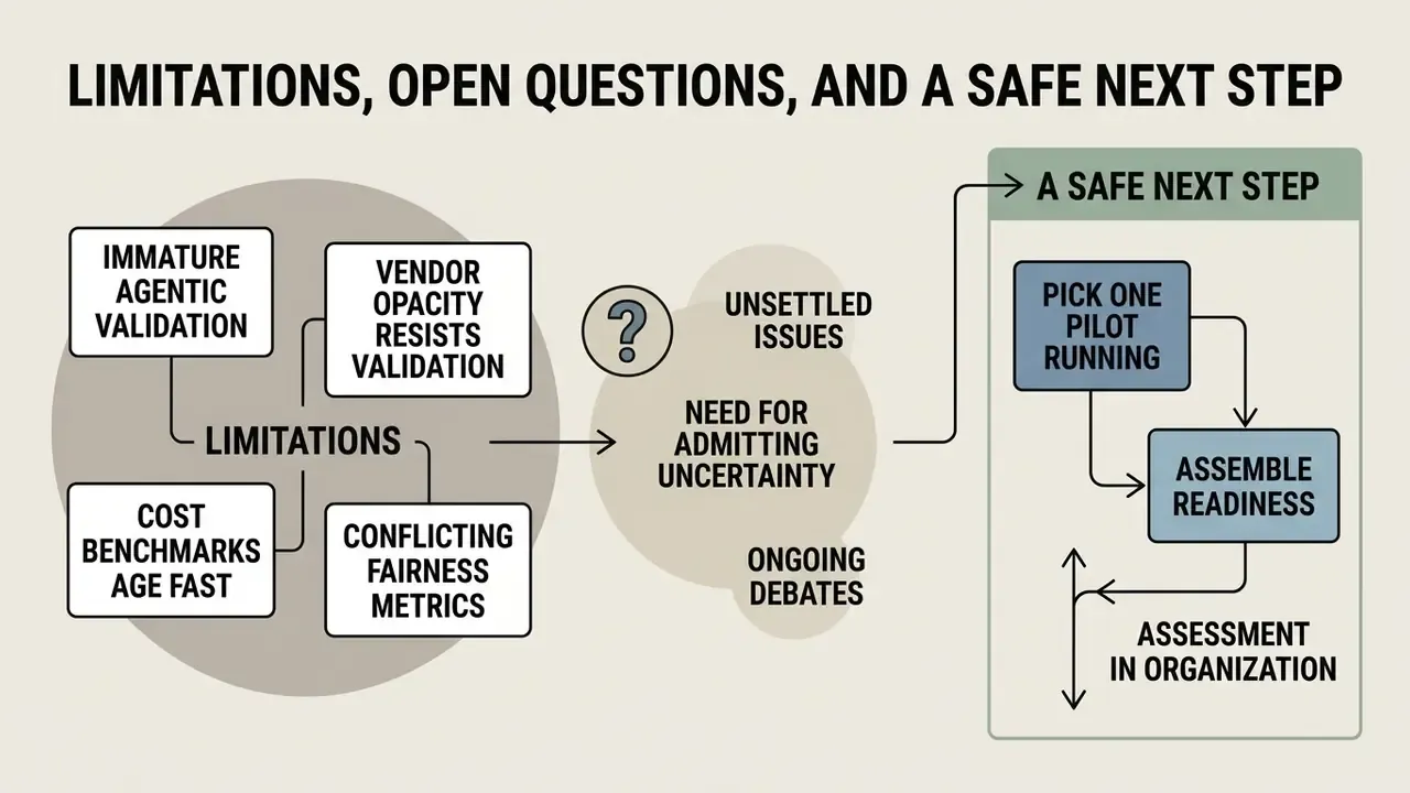 Summary of AI limitations and open questions leading to a practical step for organizational readiness