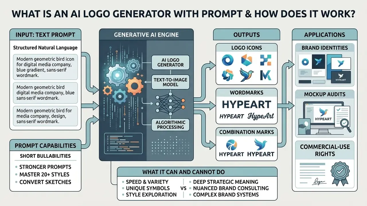 Infographic showing how an AI logo generator converts text prompts into brand icons and wordmarks