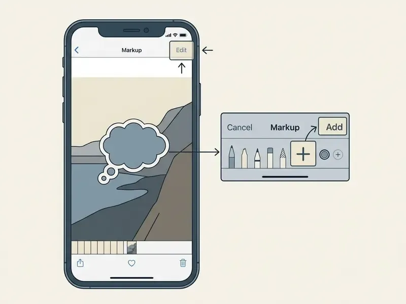 Smartphone screen showing the Markup tool interface with an arrow pointing to the plus button for stickers