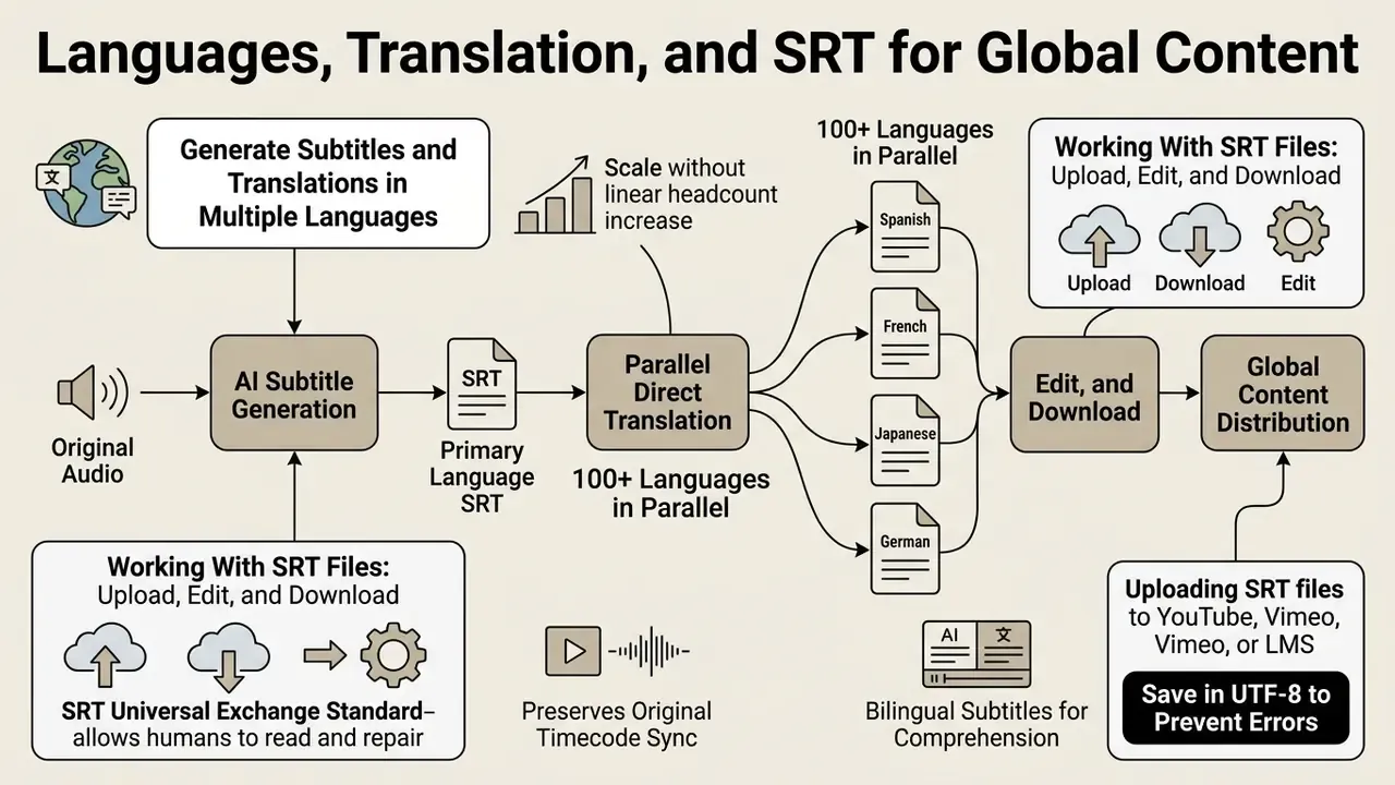 Process flow showing how audio is converted to SRT files and translated into multiple global languages