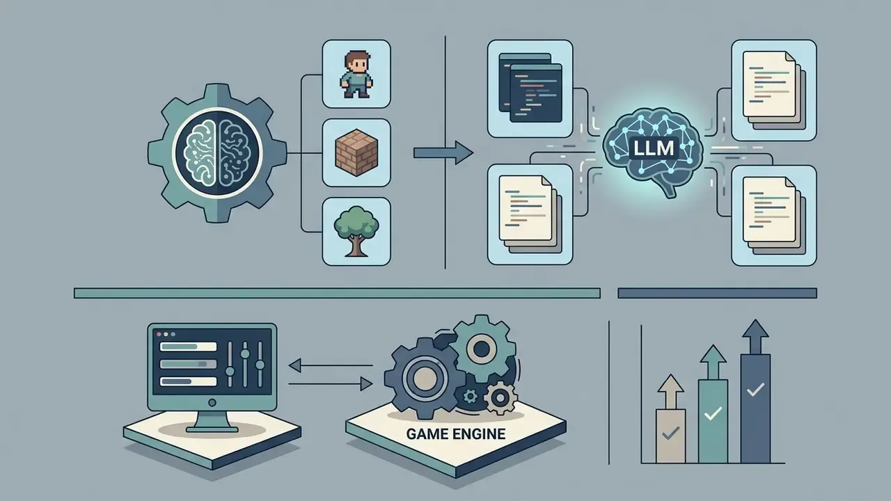 Diagram showing asset synthesis and LLM code generation alongside a game engine and growth charts