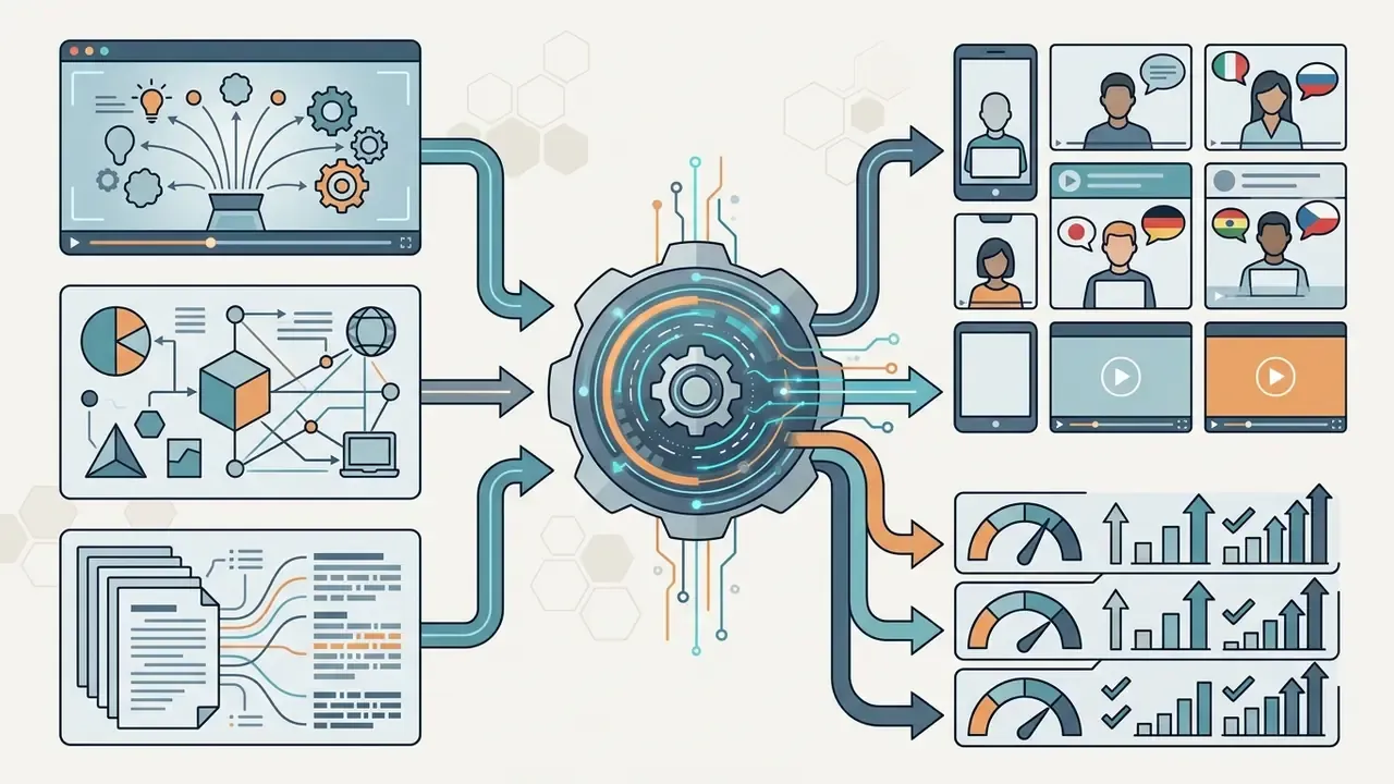 Central gear processing inputs into multilingual talking head avatars and performance analytics charts