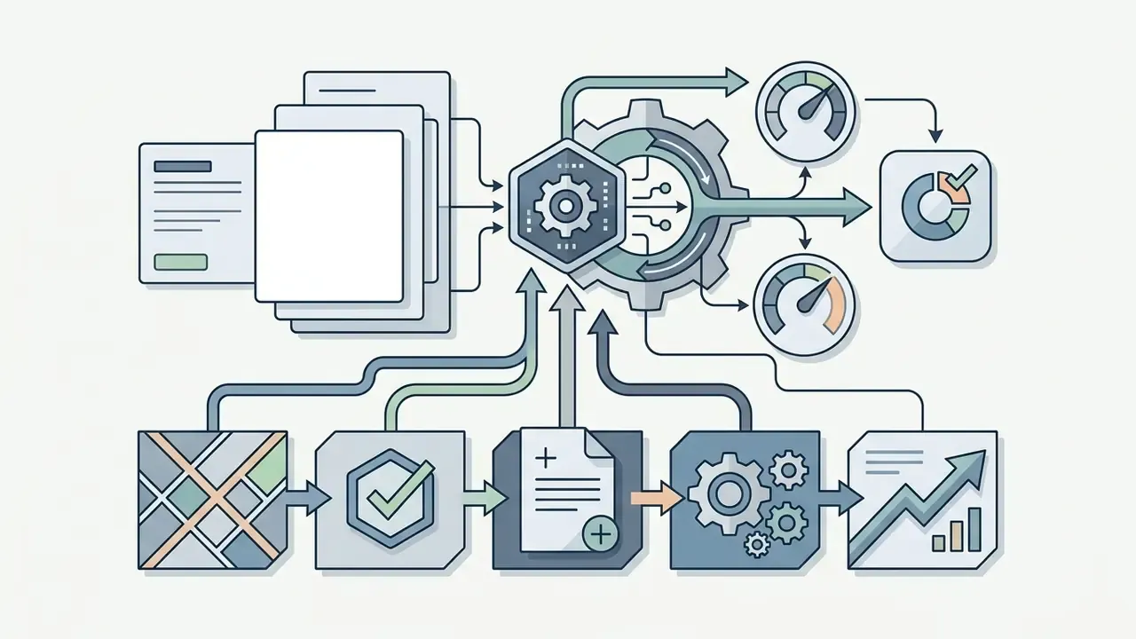 System of icons and arrows representing data processing steps for AI Media Workflows