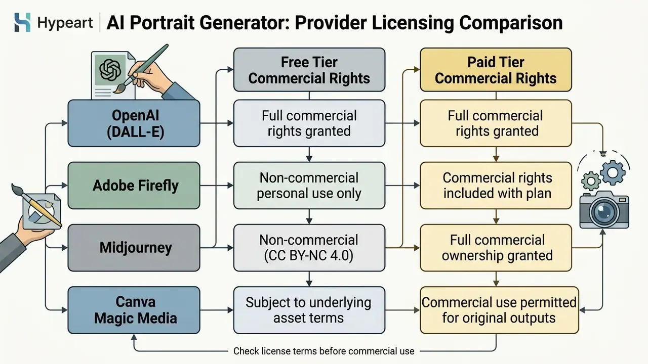 Grid showing commercial usage rights for free and paid tiers of popular AI portrait generator platforms