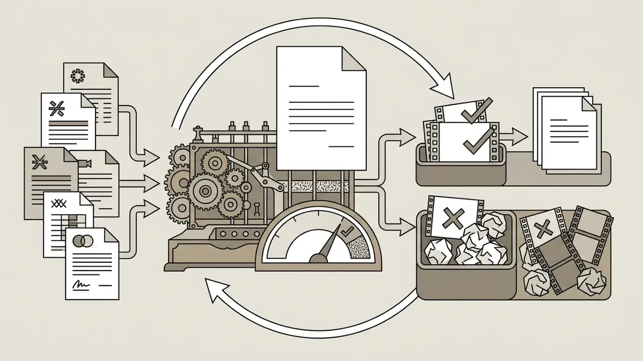 Documents feeding into a mechanical gear processor that sorts video assets into accepted and rejected bins