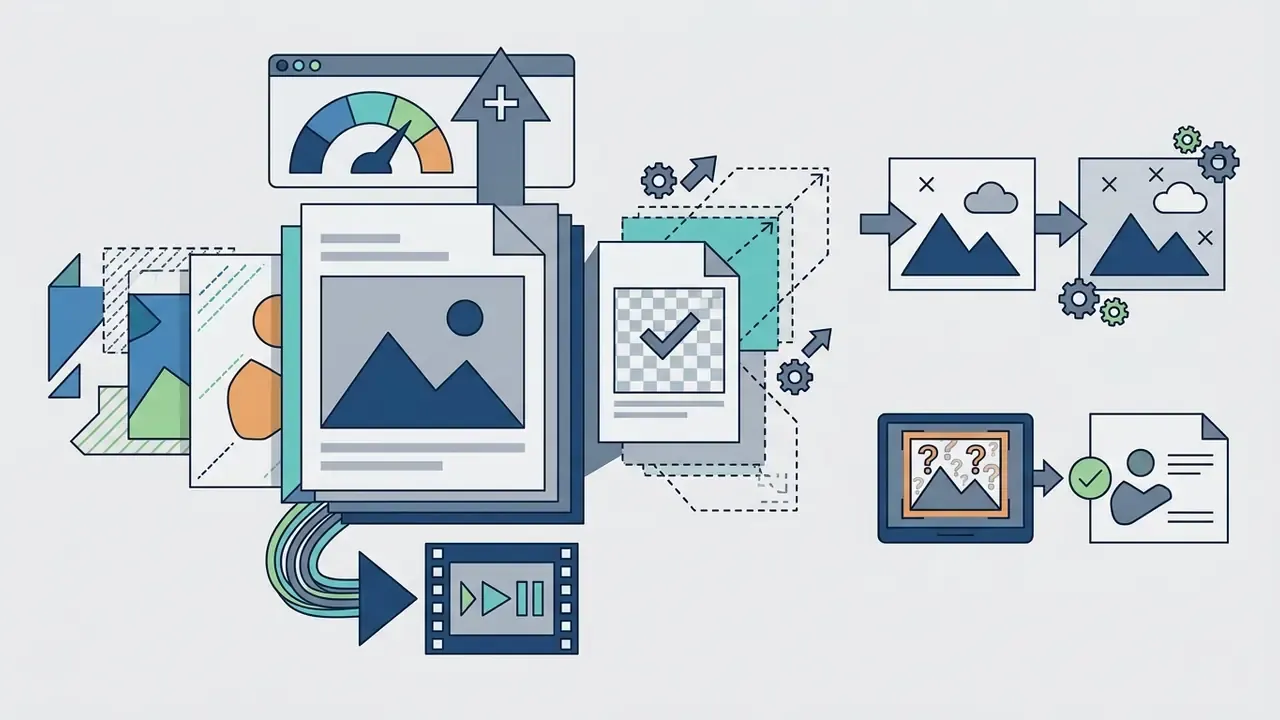 Icons representing layered image processing, background removal, object enhancement, and video conversion
