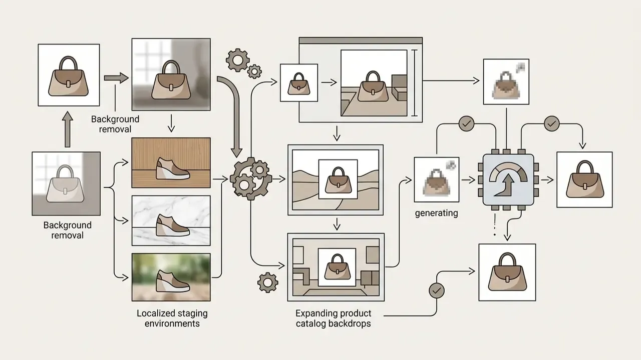 Process map showing automated background removal and staging for product images in e-commerce workflows