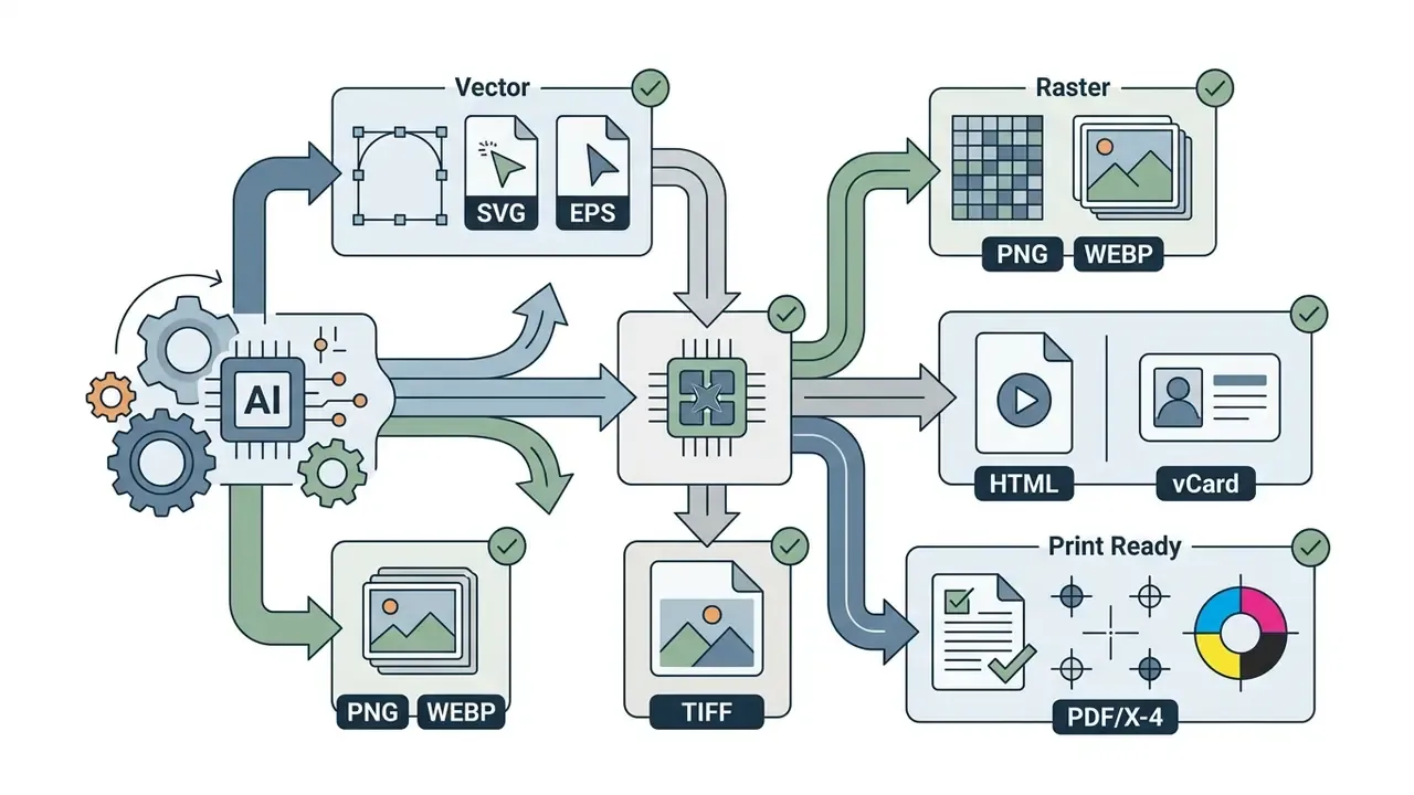 AI processor and gears connecting to various file format icons including vector, raster, and print ready