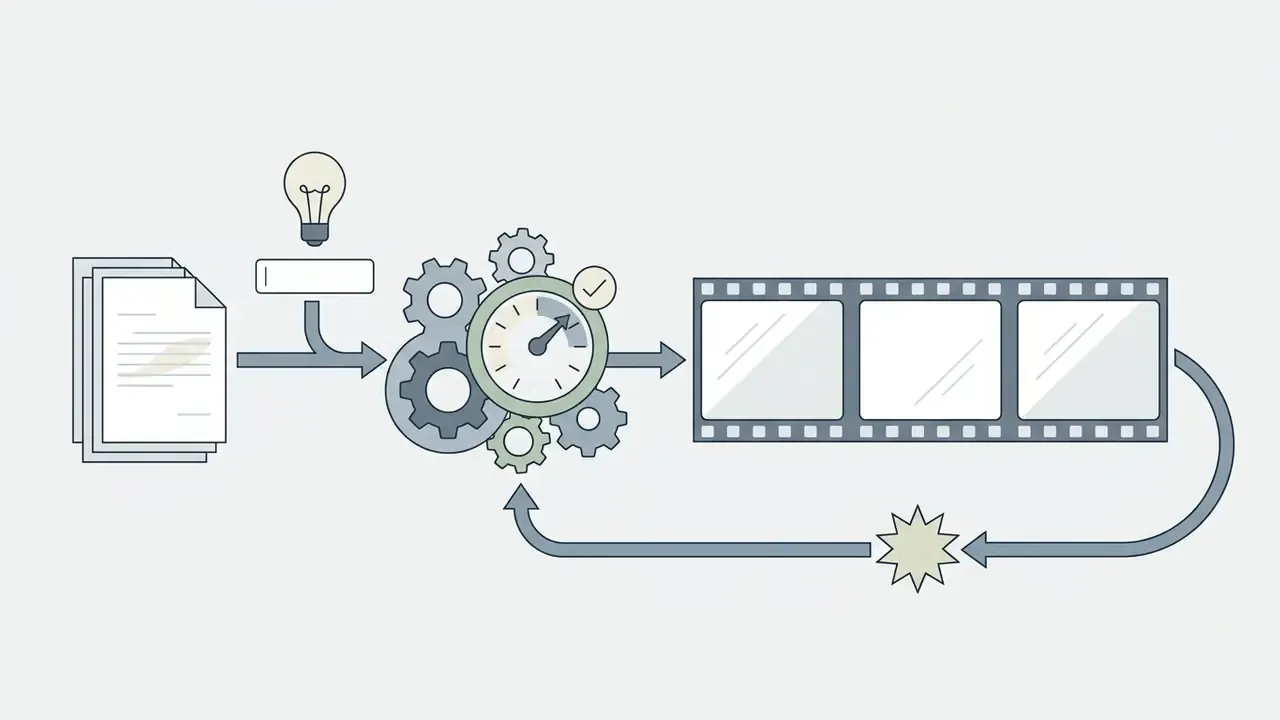 Documents and an idea icon feeding into a gear mechanism to produce a film strip sequence