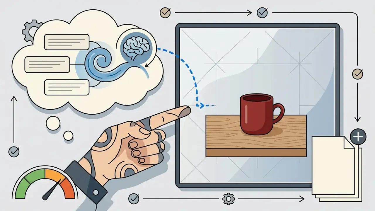 Robotic hand pointing at a red ceramic mug on a wooden table within a digital canvas frame