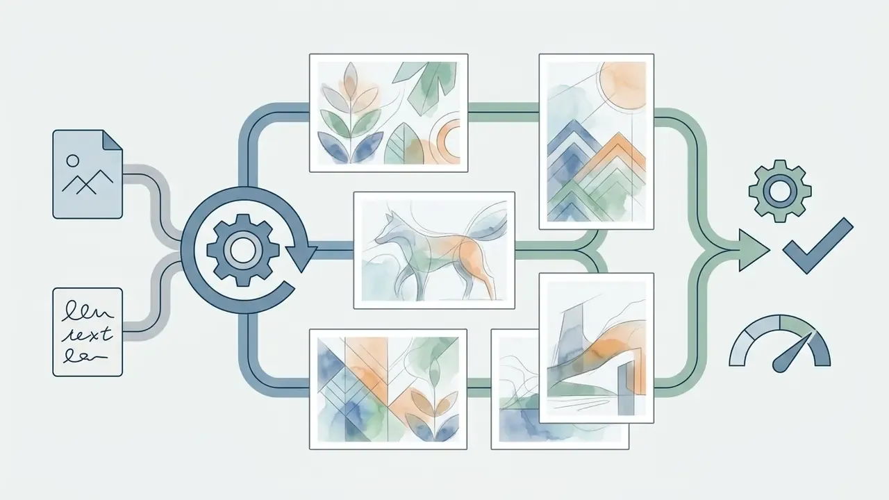 Files flowing through a gear mechanism to generate various watercolor style sketches from a photo