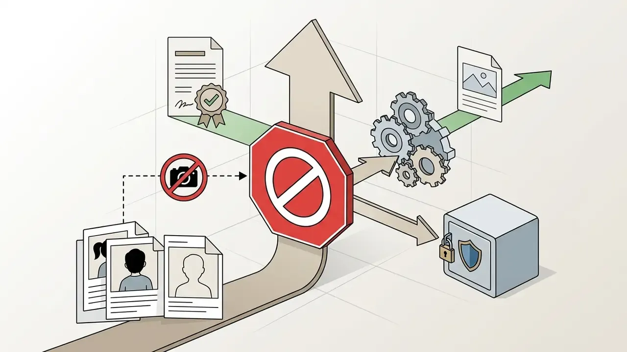 Red stop sign blocking a path from photos of children toward processing gears and a locked safe