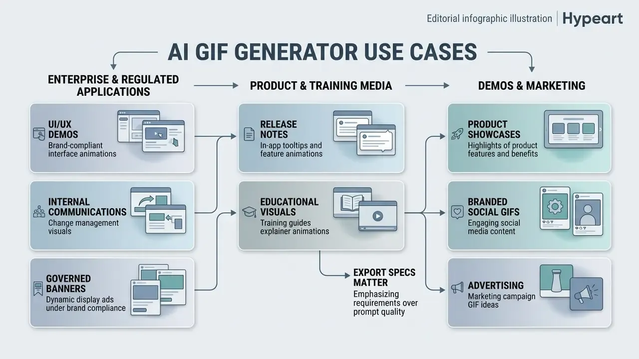 Categorized flowchart detailing various business applications for animated media across three main sectors