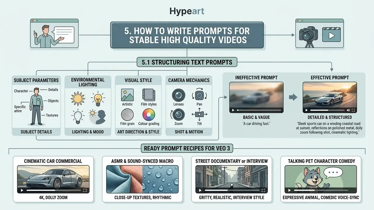 Infographic detailing prompt structure with subject parameters, lighting, style, and camera mechanics