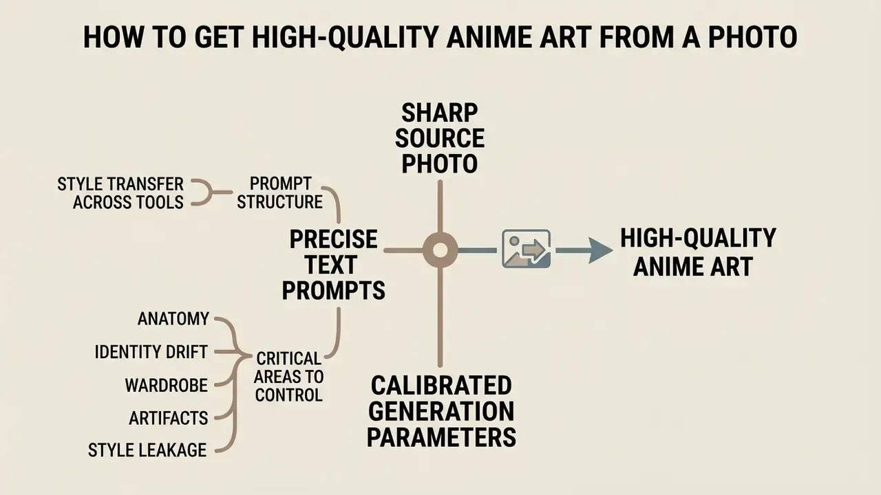 Diagram connecting source photos, text prompts, and generation parameters to create anime art