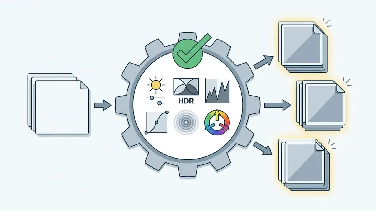 Multiple image files entering a gear processing system that applies exposure and color adjustments