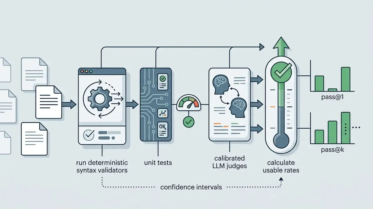 Documents moving through syntax validators, unit tests, and LLM judges to produce pass rate bar charts