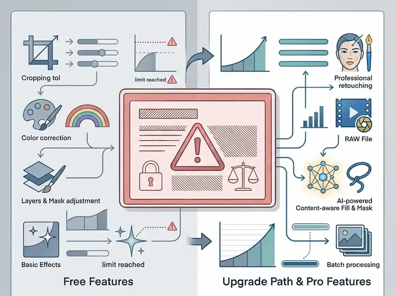 Warning sign highlighting legal risks of transitioning from free tools to professional software features